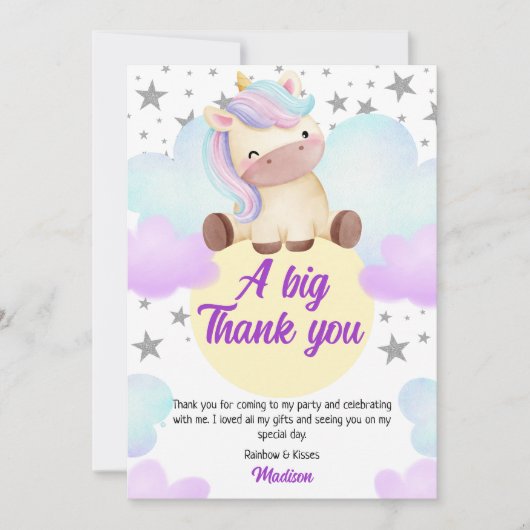 Carte De Remerciements Cute Unicorn et Silver Stars Anniversaire (Devant)