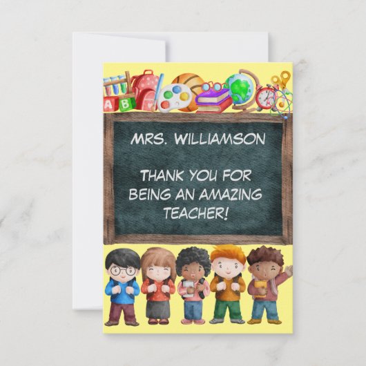 Carte De Remerciements Cute Watercolor School Chalkboard Texte Enseignant (Devant)