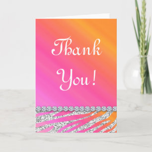 Carte De Remerciements Cute Zebra Bling Parties scintillant Orange Rose C