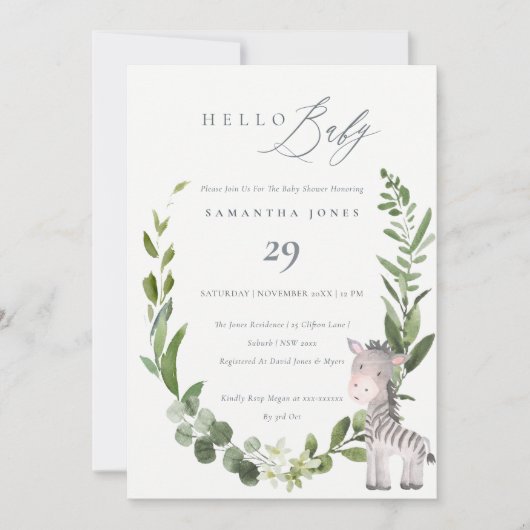 Carte De Remerciements Cute Zebra Foliage Wreath Hello Baby shower Invita (Devant)
