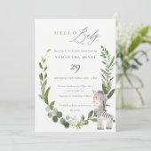 Carte De Remerciements Cute Zebra Foliage Wreath Hello Baby shower Invita (Debout devant)