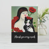 Carte De Remerciements Dame de chat avec chat noir et blanc et rose (Debout devant)