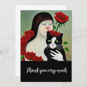Carte De Remerciements Dame de chat avec chat noir et blanc et rose (Devant / Derrière)