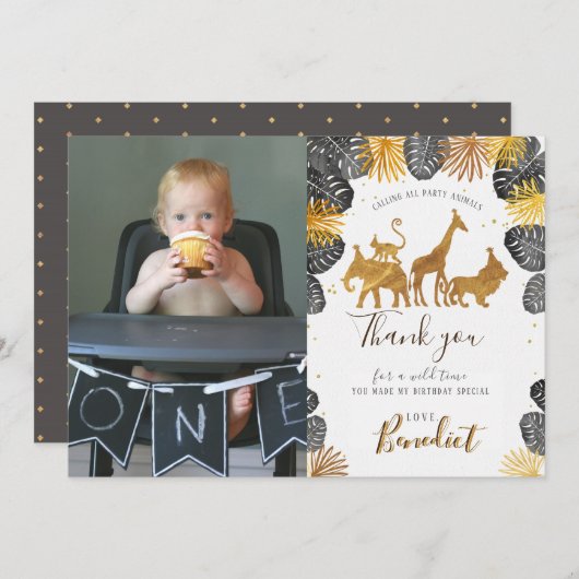 Carte de remerciements d'animal de jungle d'or et (Devant / Derrière)