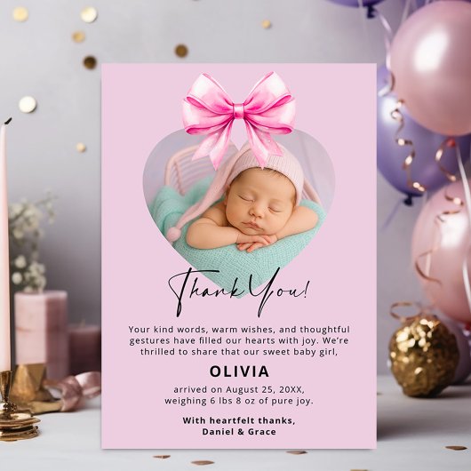 Carte de remerciements d'anniversaire rose avec ph