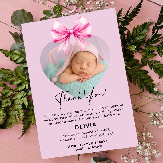 Carte de remerciements d'anniversaire rose avec ph