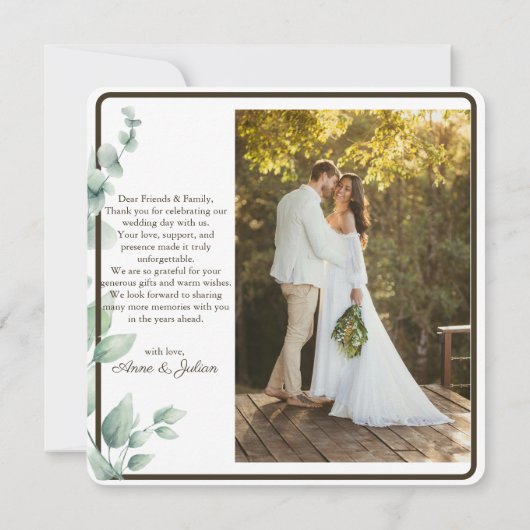 Carte De Remerciements Dark Brown Eucalypthus leaves Wedding W/ 2 photos (Dos)