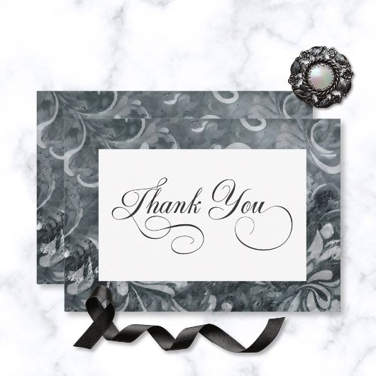 Carte De Remerciements Dark Gothic Grey & Black Damask & Ravens Mariage