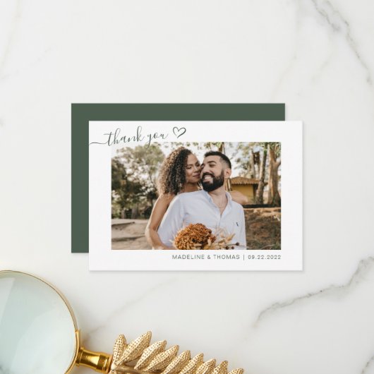 Carte De Remerciements Dark Green Boho Simple Photo Heart Script Mariage (Devant/Arrière en situation)