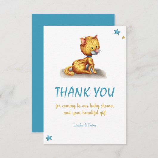 Carte de remerciements de Baby shower bleu Kitten  (Devant / Derrière)