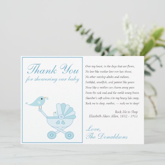 Carte de remerciements de Baby shower Bleu Oiseau  (Debout devant)