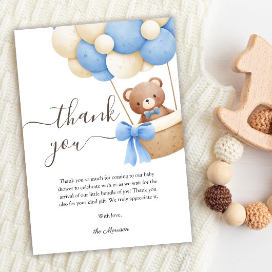 Carte de remerciements de Baby shower Bleu Ours Te