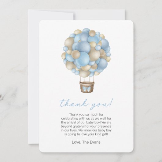 Carte de remerciements de Baby shower Blue Hot Air (Devant)
