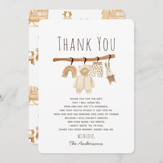 Carte de remerciements de Baby shower Boho Clothes (Devant / Derrière)