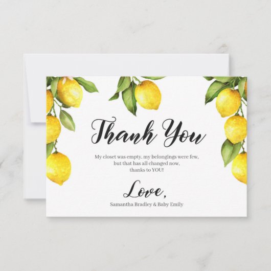 Carte de remerciements de baby shower citron frais (Devant)