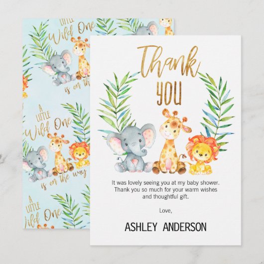 Carte de remerciements de baby shower d'animaux de (Devant / Derrière)