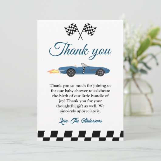 Carte de remerciements de Baby shower de course au (Debout devant)