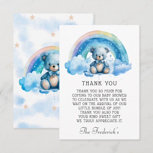 Carte de remerciements de Baby shower de l'ours en (Devant / Derrière)