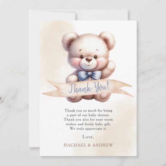 Carte de remerciements de Baby shower de l'ours en (Devant)