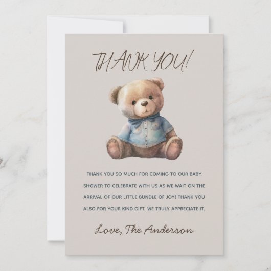 Carte de remerciements de Baby shower d'ours à aqu (Devant)