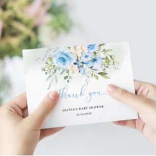 Carte de remerciements de baby shower floral bleu