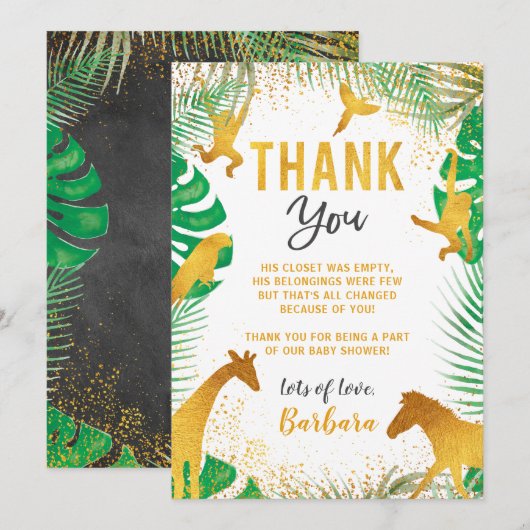 Carte de remerciements de Baby shower Gold Jungle (Devant / Derrière)