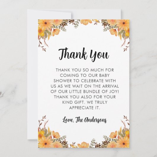 Carte de remerciements de Baby shower jaune (Devant)