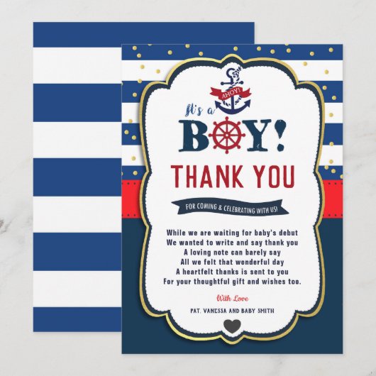 Carte de remerciements de Baby shower Nautical Aho (Devant / Derrière)