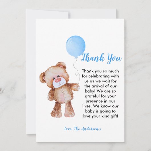 Carte de remerciements de Baby shower pour garçon  (Devant)