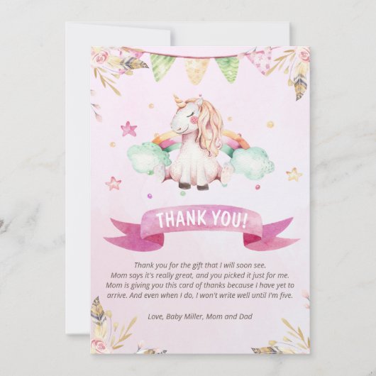 carte de remerciements de baby shower Unicorne (Devant)