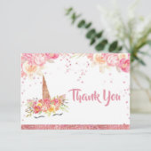 Carte de remerciements de Baby shower Unicorne ros (Debout devant)