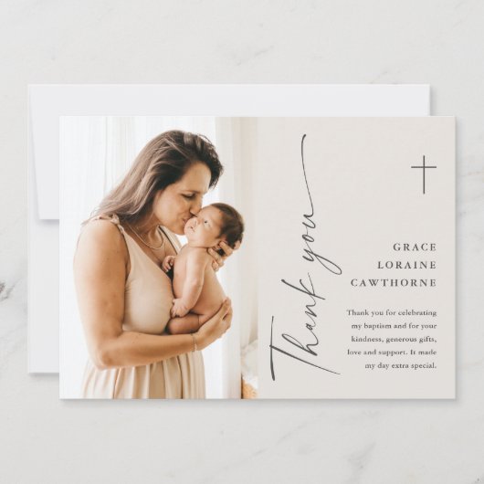 Carte de remerciements de Baptême de Script élégan (Devant)