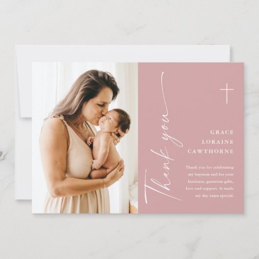 Carte de remerciements de Baptême de Script élégan (Devant)