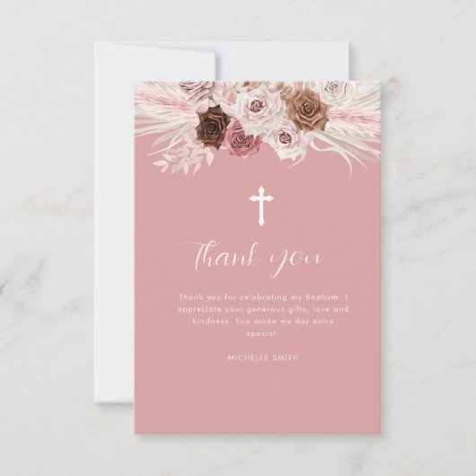 carte de remerciements de baptême floral rose pous (Devant)