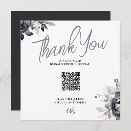 Carte de remerciements de code QR floral noir (Devant / Derrière)