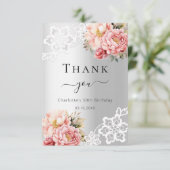 Carte de remerciements de dentelle rose argenté (Debout devant)