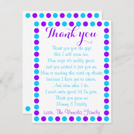 Carte de remerciements de douche de bébé de bébé (Devant / Derrière)