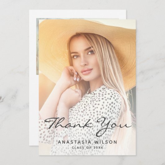 Carte de remerciements de graduation de script gri (Devant / Derrière)