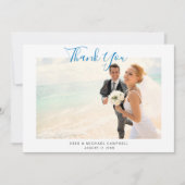 Carte de remerciements de mariage Blue Script Phot (Devant)