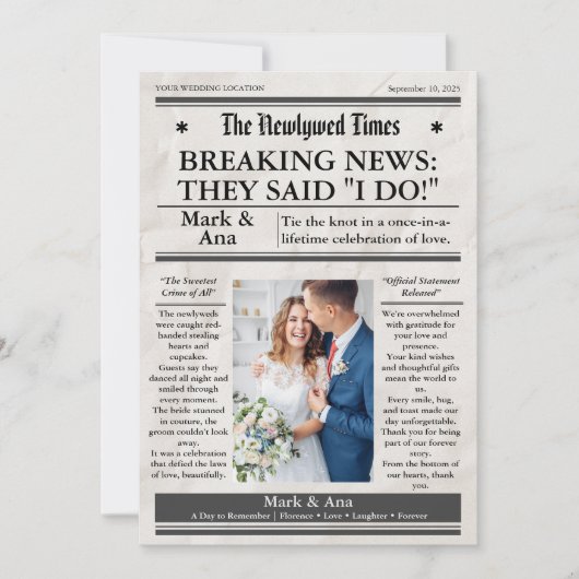 Carte de remerciements de Mariage de journal uniqu (Devant)