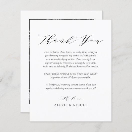 Carte de remerciements de Mariage de script minima (Devant / Derrière)