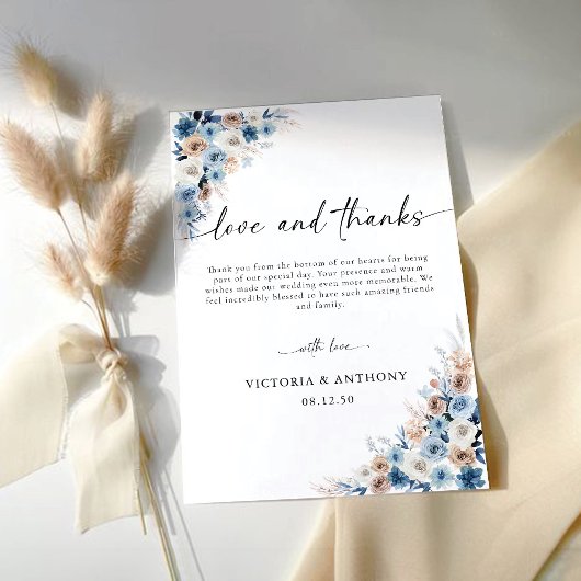 Carte de remerciements de Mariage Floral Boho bleu