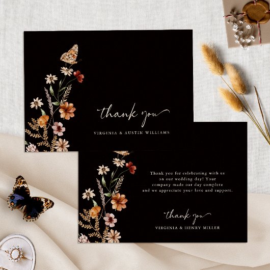 Carte de remerciements de Mariage floral Boho noir