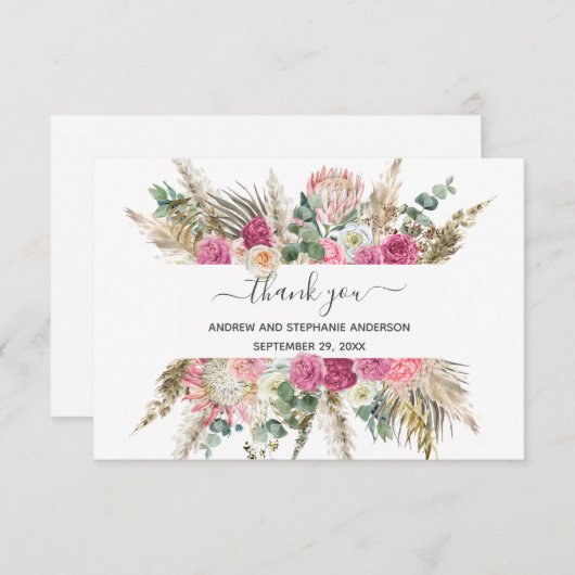 Carte de remerciements de Mariage végétal rose ver (Devant / Derrière)