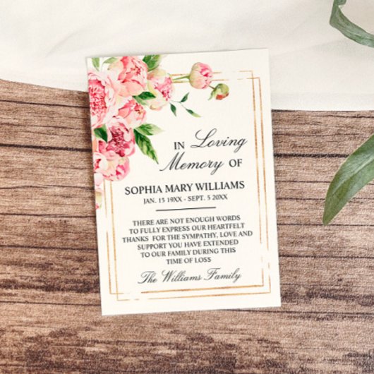 Carte de remerciements de mémoire rose florale et 