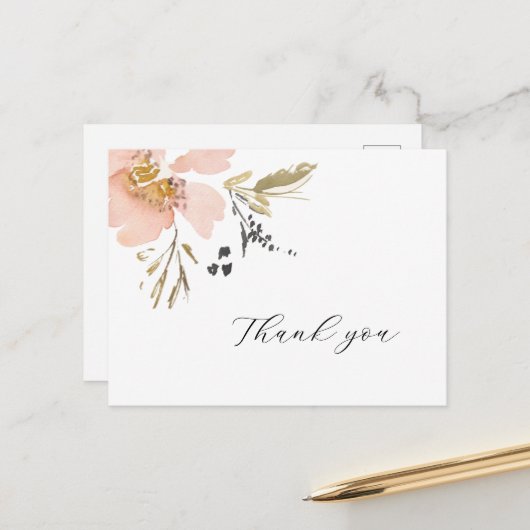 Carte de remerciements de script d'aquarelle flora (Devant/Arrière en situation)