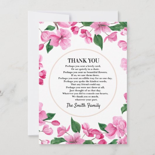 Carte de remerciements de sympathie florale rose (Dos)