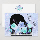 Carte De Remerciements décoration piano bouquet bleu (Devant / Derrière)