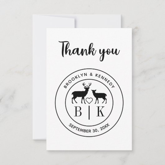 Carte De Remerciements Deer Monogram Mariage campagnard rustique Nom du c (Devant)