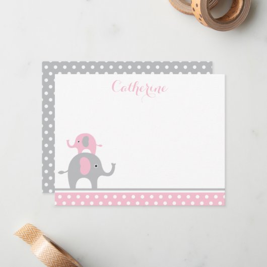 Carte de remerciements d'éléphant rose et gris (Devant/Arrière en situation)